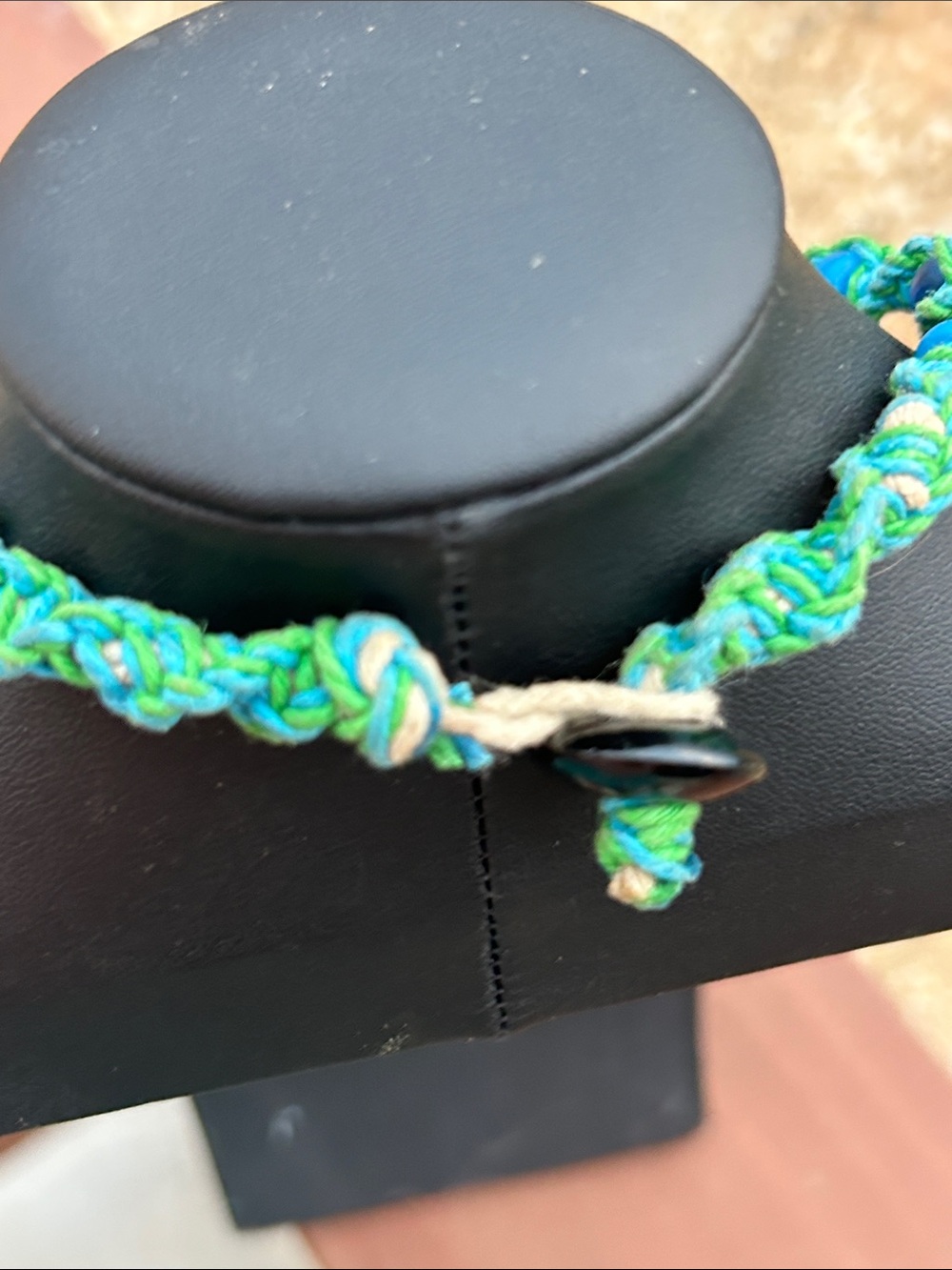 Blue Hemp Necklace, Glass Mushroom Handblown Pendant, Boho Choker - Picture 10 of 10